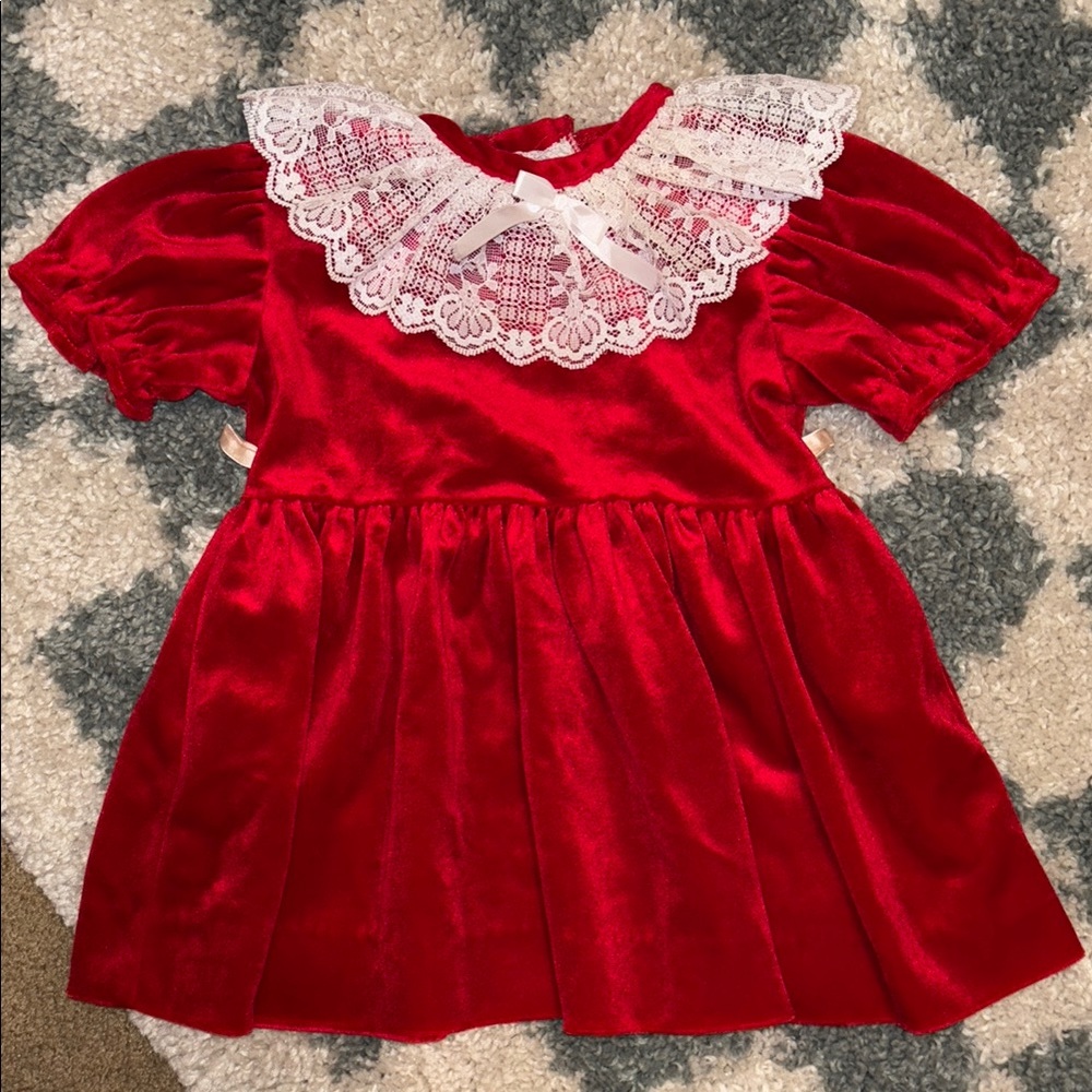Vintage Red Velvet Dress with Lace Collar